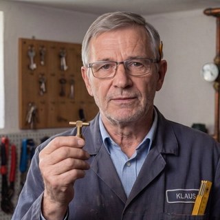Klaus Wendler in seinem Werkstattraum, eine mit KI gestaltete Erzählfigur