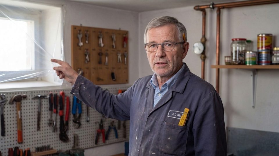 Klaus in seinem Werkstattraum zeigt auf eine Fensterfolie